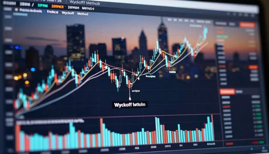 A detailed technical chart representing the Wyckoff Method applied to cryptocurrency trading, featuring clear candlestick formations and volume bars. In the foreground, focus on a prominent Wyckoff schematic highlighting accumulation, distribution, and the phases in the market cycles. The middle ground shows realistic price action lines with annotations that represent buying and selling pressure. In the background, a blurred city skyline at dusk conveys a futuristic trading atmosphere, illuminated by soft neon lights. The image is captured from a slightly elevated angle, emphasizing the depth of the chart, with high contrast to enhance clarity. The mood is analytical and professional, perfect for a financial analysis context. A detailed technical chart representing the Wyckoff Method applied to cryptocurrency trading, featuring clear candlestick formations and volume bars. In the foreground, focus on a prominent Wyckoff schematic highlighting accumulation, distribution, and the phases in the market cycles. The middle ground shows realistic price action lines with annotations that represent buying and selling pressure. In the background, a blurred city skyline at dusk conveys a futuristic trading atmosphere, illuminated by soft neon lights. The image is captured from a slightly elevated angle, emphasizing the depth of the chart, with high contrast to enhance clarity. The mood is analytical and professional, perfect for a financial analysis context.