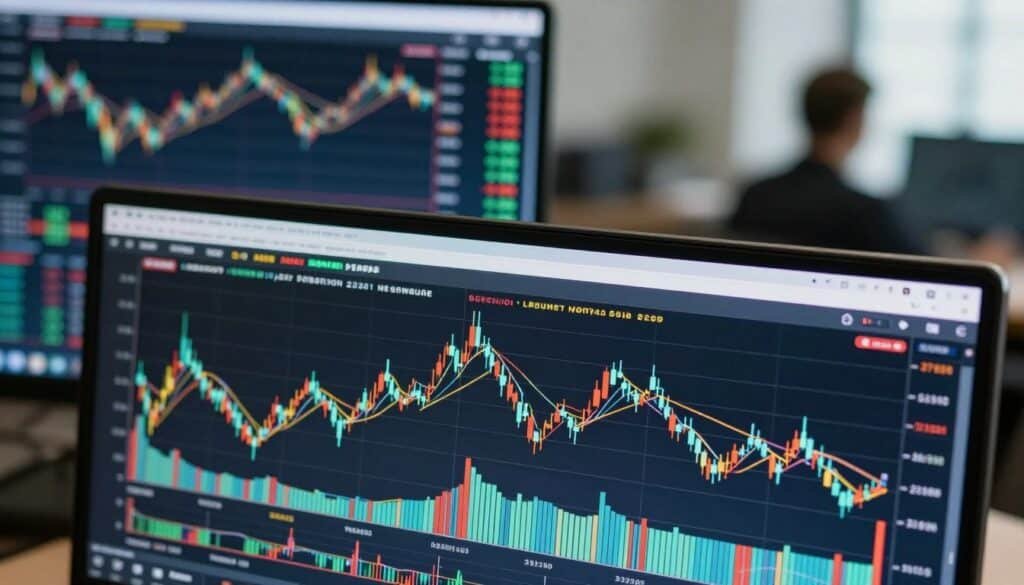 A detailed time frame trading chart displayed prominently in the foreground, showcasing daily, weekly, and monthly candlestick patterns, with vibrant colors representing different time intervals. In the middle ground, include a digital trading interface with graphs and numerical data overlaying the chart, suggesting an analytical approach. The background features a blurred financial environment, like an office or trading floor, adding depth and context to the scene. Soft, natural lighting enhances professionalism, while a slightly elevated angle captures the intricacies of the chart effectively. The mood should be focused and analytical, embodying the serious nature of financial trading and time frame analysis, without any text or branding elements present in the image.