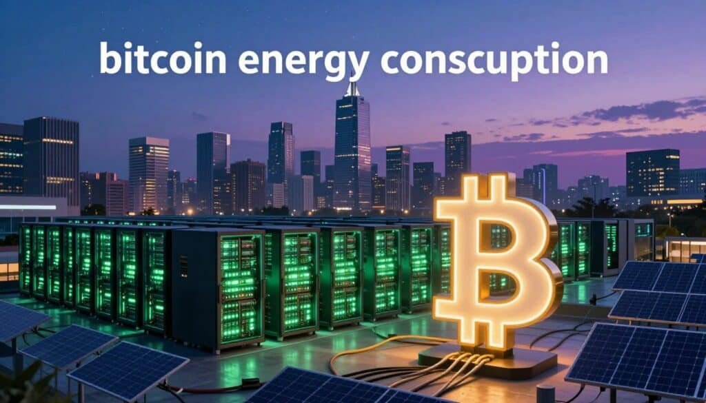 A detailed visualization of "bitcoin energy consumption," showcasing a futuristic cityscape at dusk. In the foreground, a large, illuminated Bitcoin symbol is integrated with power lines and solar panels, symbolizing energy flow. The middle ground features a bustling blockchain data center, glowing with green lights, with rows of high-performance servers humming with activity. In the background, a skyline of modern skyscrapers fades into a gradient of deep blue and purple sky, dotted with stars. Soft, ambient lighting casts a serene atmosphere, contrasting the intense energy usage depicted. The composition should invoke a sense of both technological advancement and the environmental impact, skillfully balancing a vibrant energy theme with ecological awareness.