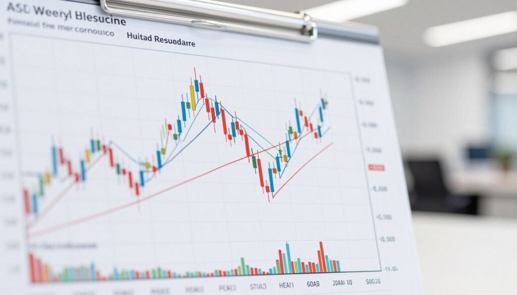 A detailed weekly chart depicting stock market trends, prominently featuring candlestick patterns and trend lines to showcase bullish and bearish movements. In the foreground, there's a clear representation of data points marked with distinct colors for different weeks, conveying a sense of progression over time. The middle ground includes horizontal lines indicating support and resistance levels, with a subtle grid overlay enhancing the clarity of the analysis. The background presents a blurred office setting with soft lighting to create a professional atmosphere, suggesting focus on market analysis. The image is captured from a slightly elevated angle to give a comprehensive view of the chart, promoting an analytical mood.
