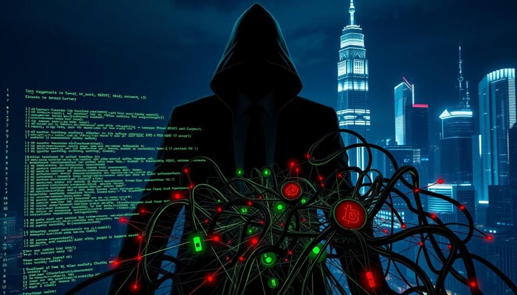 A digital art scene depicting a menacing smart contract, personified as a shadowy figure in business attire, lurking behind a complex blockchain network. The foreground features intricate code snippets glowing ominously in green and red, symbolizing malice. In the middle, a chaotic web of transactions is overtaken by dark tendrils, representing influencer and MEV-bot scams, which wrap around unsuspecting digital wallets. The background showcases a futuristic cityscape at night, with towering skyscrapers illuminated by flickering lights, adding tension to the atmosphere. The lighting is dramatic, with stark contrasts casting deep shadows, emphasizing the sinister nature of the smart contract. The overall mood is suspenseful and foreboding, capturing the danger of malicious contracts in the digital age. A digital art scene depicting a menacing smart contract, personified as a shadowy figure in business attire, lurking behind a complex blockchain network. The foreground features intricate code snippets glowing ominously in green and red, symbolizing malice. In the middle, a chaotic web of transactions is overtaken by dark tendrils, representing influencer and MEV-bot scams, which wrap around unsuspecting digital wallets. The background showcases a futuristic cityscape at night, with towering skyscrapers illuminated by flickering lights, adding tension to the atmosphere. The lighting is dramatic, with stark contrasts casting deep shadows, emphasizing the sinister nature of the smart contract. The overall mood is suspenseful and foreboding, capturing the danger of malicious contracts in the digital age.