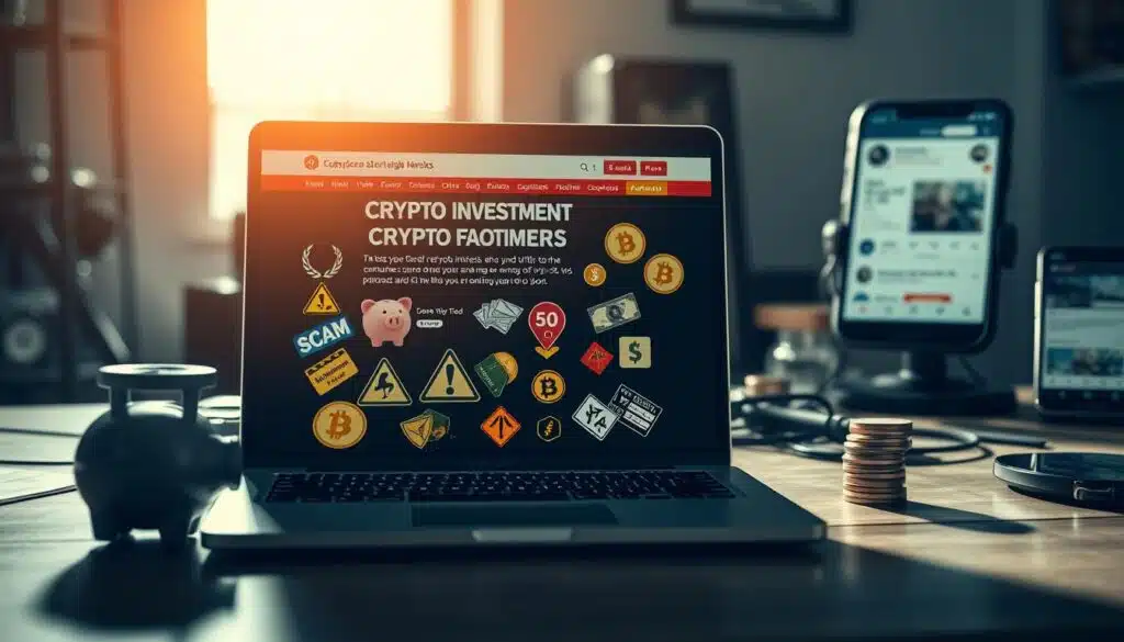 A digital artist's workspace depicted in the foreground, showcasing a laptop displaying a suspicious crypto investment website filled with exaggerated promises and flashy numbers. The middle ground features various scam symbols, such as broken piggy banks, warning signs, and deceitful representations of currency. The background contains a blurred social media feed on a smartphone, illustrating common platforms rife with scam advertisements. The lighting is bright, yet slightly ominous, with shadows adding depth to the scene. Capture a sense of urgency and caution in the atmosphere, reflecting the risks associated with cryptocurrency scams. Use a wide-angle lens to encompass the entire setup, emphasizing the complexity of deceptive online tactics while ensuring the depiction remains professional and safe for work.