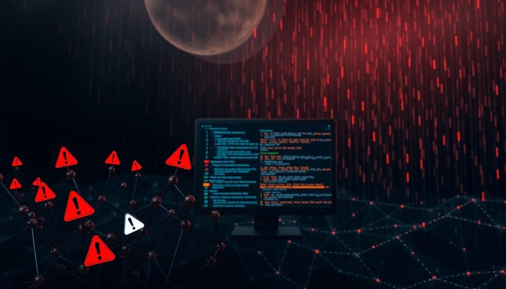 A digital artwork depicting "Technical Red Flags in DeFi and Smart Contracts." In the foreground, a stylized, intricate blockchain network with warning symbols, such as exclamation marks and caution signs, interspersed among the nodes. In the middle ground, a computer screen displaying lines of code with highlighted sections indicating vulnerabilities. The background features a dark, abstract digital landscape, representing the vastness of the blockchain universe, illuminated by glowing binary code cascading down like rain. Use moody, dim lighting with hints of red and orange to evoke a sense of urgency and alertness. The composition should convey a professional atmosphere, focusing on the serious nature of cryptocurrency investment risks, ensuring all elements are clean and visually cohesive without any added text or distractions. A digital artwork depicting "Technical Red Flags in DeFi and Smart Contracts." In the foreground, a stylized, intricate blockchain network with warning symbols, such as exclamation marks and caution signs, interspersed among the nodes. In the middle ground, a computer screen displaying lines of code with highlighted sections indicating vulnerabilities. The background features a dark, abstract digital landscape, representing the vastness of the blockchain universe, illuminated by glowing binary code cascading down like rain. Use moody, dim lighting with hints of red and orange to evoke a sense of urgency and alertness. The composition should convey a professional atmosphere, focusing on the serious nature of cryptocurrency investment risks, ensuring all elements are clean and visually cohesive without any added text or distractions.