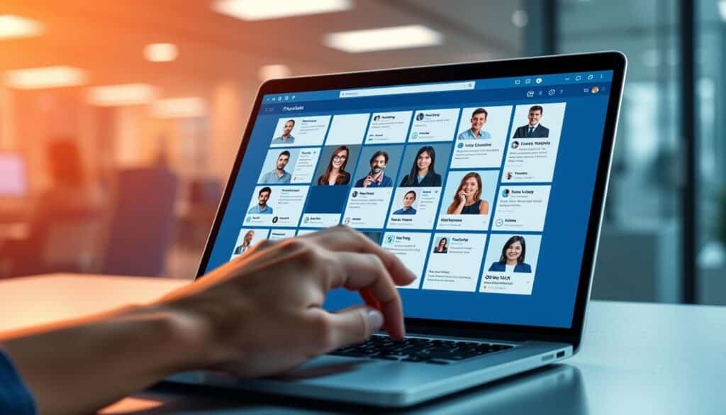 A digital illustration depicting a collection of fake social media profiles on a computer screen, featuring multiple fabricated user avatars. In the foreground, a close-up of a sleek, modern laptop with a glowing screen displaying a variety of questionable profiles, each featuring generic usernames and stock images of diverse individuals in professional attire. In the middle ground, a hand is shown navigating the screen, possibly highlighting suspicious activity. The background features a faint, blurred office environment with soft ambient lighting, creating a tech-savvy atmosphere. The overall mood conveys a sense of caution and alertness, enhancing the importance of vigilance against online scams.