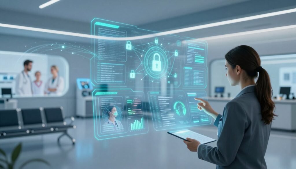 A digital illustration depicting secure patient data in a healthcare context, featuring a futuristic clinic setting. In the foreground, a professional healthcare worker in a business attire is analyzing holographic charts and graphs displaying patient records, illuminated with soft blue and green lighting, representing data security and technology. The middle layer includes screens showcasing blockchain networks symbolizing interoperability and secure connections, with flowing digital streams of data. The background features a sleek, modern waiting area, with images of medical equipment and healthy patients, radiating a sense of trust and innovation. The atmosphere is calm and high-tech, conveying a blend of professionalism and advanced healthcare solutions, captured with a wide-angle lens to emphasize the technological advancements.