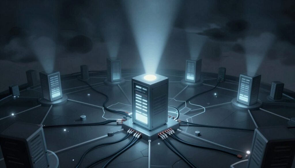 A digital illustration depicting the concept of a centralized oracle as a single point of failure in a blockchain network. In the foreground, visualize a large, illuminated central server with bright lights, representing the oracle, surrounded by wires and circuits. The middle ground features a fractured network of smaller nodes, dimly lit, connected to the central server, symbolizing the potential vulnerabilities. In the background, a dark, ominous cloud looms, indicating risk and uncertainty. Use a cool color palette with blues and grays, creating a tense atmosphere. The lighting should be dramatic, with beams of light emanating from the central server, highlighting the critical point of failure. Use a slight fisheye lens effect to emphasize the central oracle's prominence amidst the fragile network.