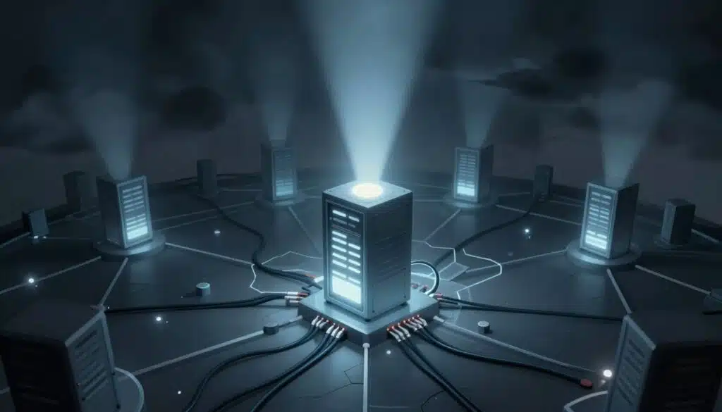 A digital illustration depicting the concept of a centralized oracle as a single point of failure in a blockchain network. In the foreground, visualize a large, illuminated central server with bright lights, representing the oracle, surrounded by wires and circuits. The middle ground features a fractured network of smaller nodes, dimly lit, connected to the central server, symbolizing the potential vulnerabilities. In the background, a dark, ominous cloud looms, indicating risk and uncertainty. Use a cool color palette with blues and grays, creating a tense atmosphere. The lighting should be dramatic, with beams of light emanating from the central server, highlighting the critical point of failure. Use a slight fisheye lens effect to emphasize the central oracle's prominence amidst the fragile network.