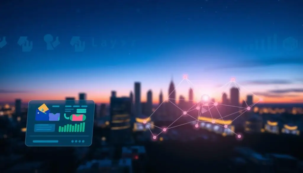 A digital illustration depicting the "user lifecycle deposit funds" in the context of a Layer 2 scaling solution. In the foreground, a stylized user interface with abstract representations of digital wallets and funds being deposited, with bright, vibrant colors to symbolize activity and innovation. The middle ground presents stylized blockchain nodes interconnected by sleek lines, emphasizing the flow of transactions. The background showcases a modern city skyline, symbolizing growth and technology, under a dusk sky filled with stars, creating a hopeful atmosphere. Soft lighting highlights the foreground elements, creating a sense of clarity and focus, while a slight blur in the background enhances depth. The overall mood conveys optimism and progress within the digital finance landscape. A digital illustration depicting the "user lifecycle deposit funds" in the context of a Layer 2 scaling solution. In the foreground, a stylized user interface with abstract representations of digital wallets and funds being deposited, with bright, vibrant colors to symbolize activity and innovation. The middle ground presents stylized blockchain nodes interconnected by sleek lines, emphasizing the flow of transactions. The background showcases a modern city skyline, symbolizing growth and technology, under a dusk sky filled with stars, creating a hopeful atmosphere. Soft lighting highlights the foreground elements, creating a sense of clarity and focus, while a slight blur in the background enhances depth. The overall mood conveys optimism and progress within the digital finance landscape.
