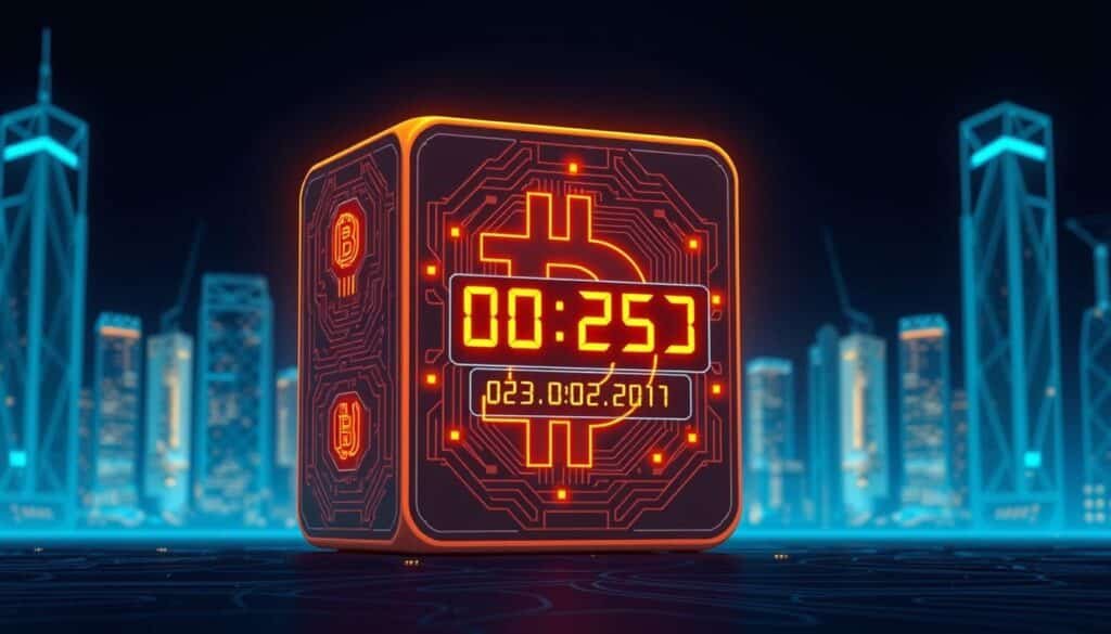 A digital illustration of a stylized block representing Bitcoin, prominently featured in the foreground, textured with intricate circuit patterns and glowing symbols of cryptocurrency. In the middle ground, a countdown timer is integrated with a futuristic digital display, showing an estimated date for the next Bitcoin halving. The background consists of a dark, abstract city skyline lit by soft neon lights, evoking a high-tech financial atmosphere. The lighting is cool-toned with a slight blue hue, casting dynamic shadows that enhance the depth of the composition. The overall mood is one of anticipation and innovation, blending minimalist design with a sense of urgency about the cryptocurrency market.