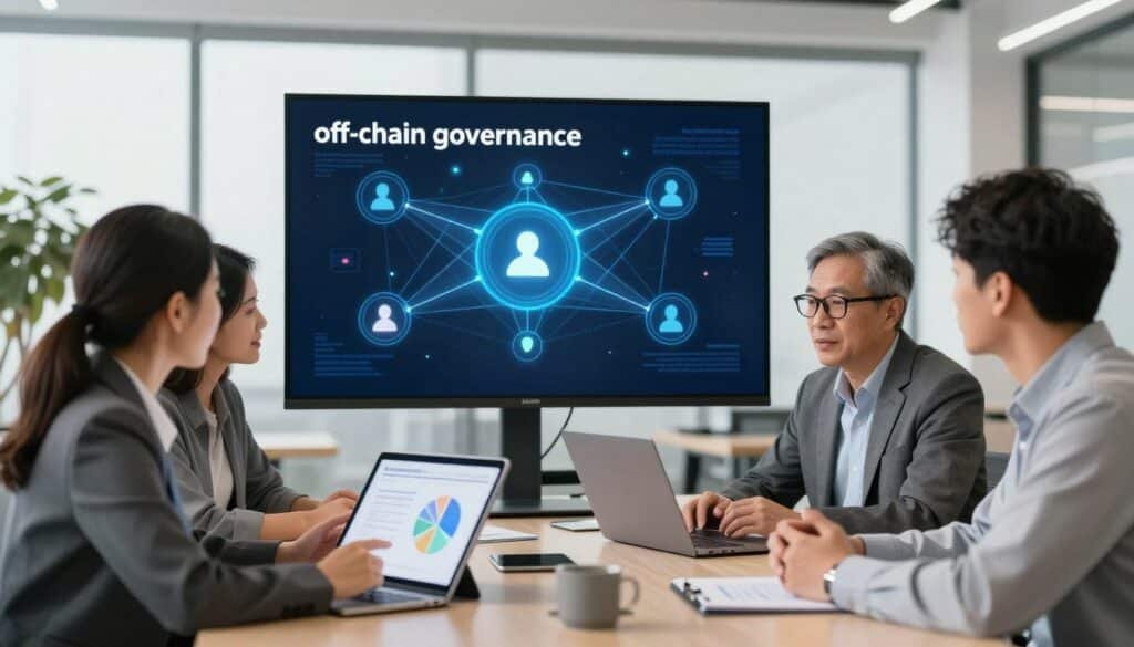 A digital illustration of "off-chain governance" showcasing a diverse group of professionals engaged in a thoughtful discussion around a table. In the foreground, a businesswoman in a tailored suit presents ideas on a tablet. Next to her, a middle-aged man with glasses discusses blockchain strategy while reviewing charts on his laptop. In the middle ground, a large screen displays interconnected networks symbolizing social consensus algorithms, with flowing lines connecting nodes that represent community input. The background features a modern office space with large windows letting in natural light, creating a bright, collaborative atmosphere. The overall mood is one of innovation and cooperation, captured with a slight depth of field effect to focus on the discussion while softly blurring the office backdrop.
