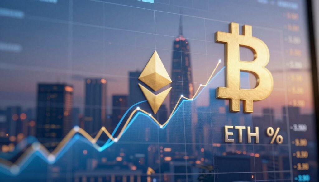 A digital representation of Bitcoin and Ethereum dominance metrics, visualized through abstract graphics. In the foreground, create elegant and colorful line graphs representing BTC and ETH dominance percentages, with contrasting tones of blue and gold. The middle ground features a stylized chart grid and numerical data points, delicately illuminated by soft, ambient lighting that enhances clarity. In the background, subtly integrate a city skyline with a futuristic feel, symbolizing the evolving cryptocurrency landscape, under a twilight sky that infuses the scene with a sense of innovation and opportunity. Use a slight upward angle for a dynamic view, capturing the essence of growth and market cycles. The overall mood should be analytical yet optimistic, inspiring insights into the altcoin market dynamics. A digital representation of Bitcoin and Ethereum dominance metrics, visualized through abstract graphics. In the foreground, create elegant and colorful line graphs representing BTC and ETH dominance percentages, with contrasting tones of blue and gold. The middle ground features a stylized chart grid and numerical data points, delicately illuminated by soft, ambient lighting that enhances clarity. In the background, subtly integrate a city skyline with a futuristic feel, symbolizing the evolving cryptocurrency landscape, under a twilight sky that infuses the scene with a sense of innovation and opportunity. Use a slight upward angle for a dynamic view, capturing the essence of growth and market cycles. The overall mood should be analytical yet optimistic, inspiring insights into the altcoin market dynamics.