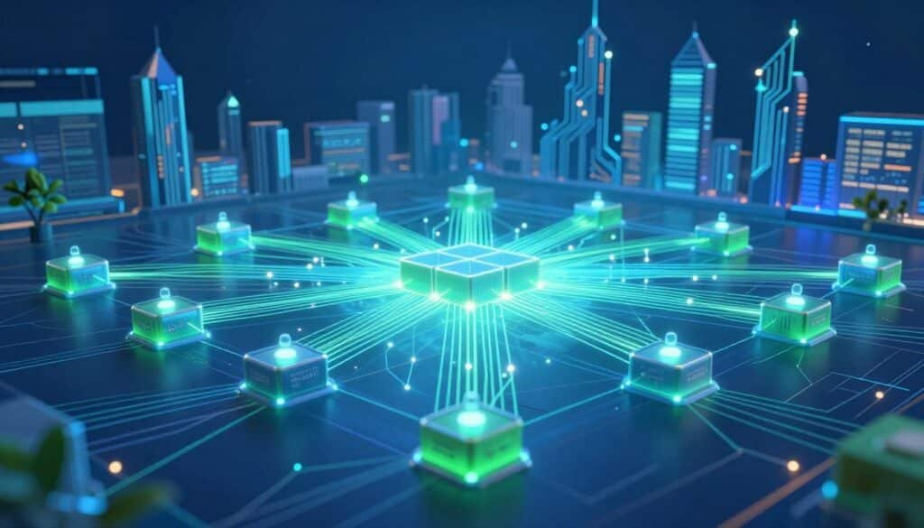 A digital representation of a blockchain sharding layer, showcasing a complex network structure. In the foreground, depict interconnected nodes symbolizing shards with glowing lines demonstrating data flow. The middle layer features stylized representations of blockchains being segmented into shards, with data streams lightening up connections between shards, illustrating efficiency. In the background, include a city skyline made of circuit-like designs, hinting at a technological environment. Use a vibrant blue and green color palette for a futuristic vibe, illuminated by soft ambient lighting to emphasize the nodes and connections. The composition should be dynamic, capturing the concept of speed and scalability essential to sharding in blockchain technology. A wide-angle perspective adds depth to the scene.