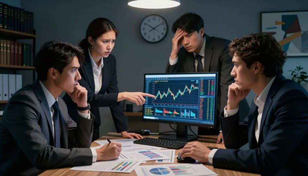 A dimly lit corporate office scene where a diverse group of three professionals in smart business attire are gathered around a table filled with financial reports and cryptocurrency charts. The foreground features the intrigued expressions of the individuals as they point at a computer screen displaying a rapidly fluctuating crypto price graph, reflecting confusion and concern. In the middle ground, a wall clock shows late evening hours, emphasizing urgency and tension. The background contains shelves filled with finance books and abstract art, enhancing the intellectual atmosphere. The overall mood is tense, highlighting the theme of manipulation tactics, with dramatic shadows cast by overhead lighting, adding depth and a sense of intrigue to the investigation taking place.