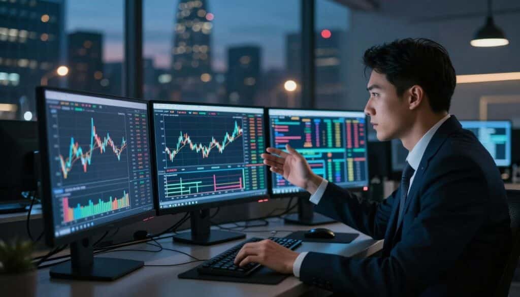A dimly lit cryptocurrency trading room filled with multiple computer screens displaying fluctuating market charts and graphs. In the foreground, a business professional in smart attire is intently focused on trading activities, with one hand hovering over a mouse, and the other gesturing towards the screens. In the middle, multiple screens show distorted price movements, illustrating the concept of fake trading activity. The background includes a large window revealing a bustling city skyline at dusk, with streetlights glowing softly, casting a blue and orange hue across the room. The atmosphere is tense and immersive, evoking a sense of urgency and deception, capturing the essence of wash trading in the crypto industry.