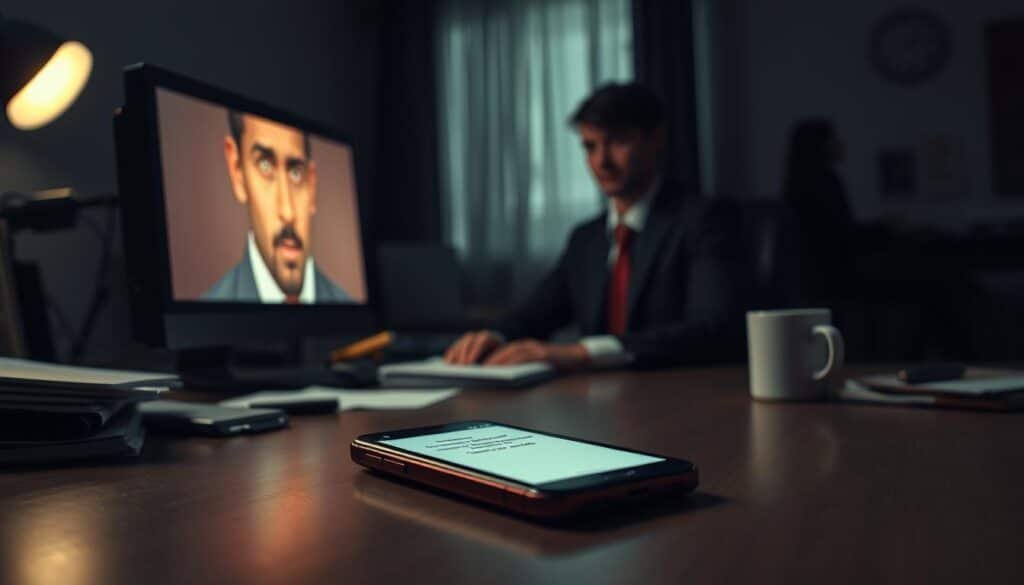 A dimly lit room with a computer screen illuminating the face of a person in professional business attire, looking both anxious and skeptical. In the foreground, a smartphone lies on a table displaying a romantic message, symbolizing a romance scam. In the middle ground, subtle shadows of other figures lurk in the background, suggesting deceit and impersonation. The room features a cluttered desk with signs of daily life, like scattered papers and coffee cups, adding to the tension. The lighting is moody, with a soft focus effect to create a sense of unease and vulnerability. The atmosphere is charged with uncertainty and caution, visually capturing the essence of romance scams and their emotional impact on victims.