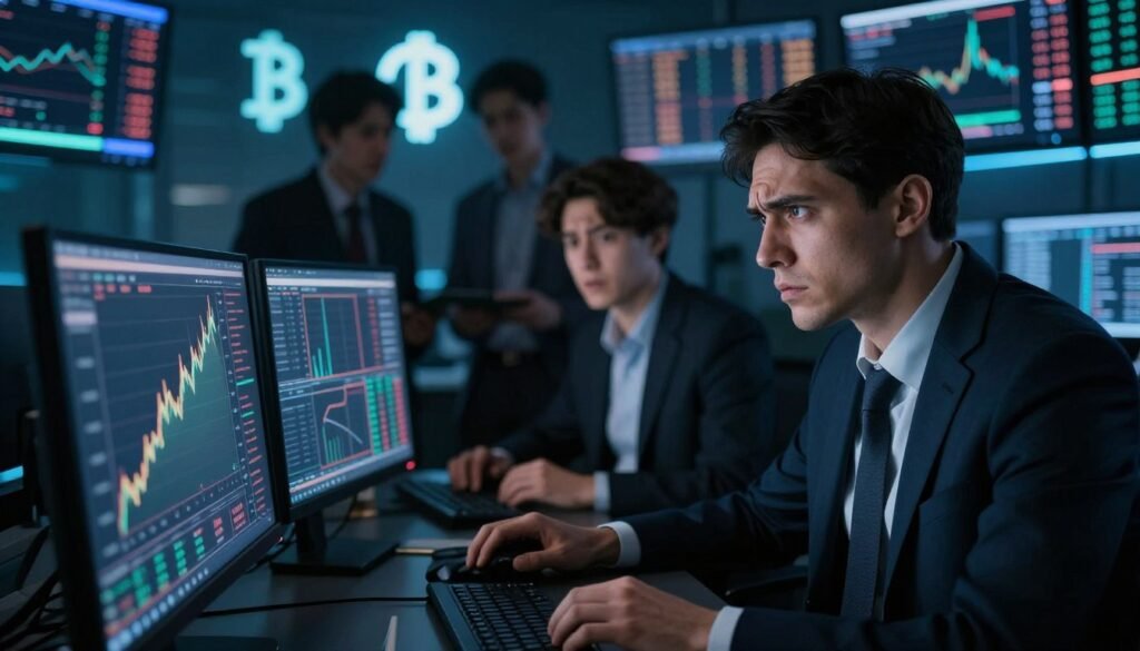 A dimly lit trading room filled with monitors displaying fluctuating cryptocurrency charts, with a focus on a large screen showing a dramatic price spike. In the foreground, a serious professional in formal business attire examines a screen, their expression one of concern and analysis. In the middle ground, other traders interact, discussing strategies with furrowed brows, all of whom are also in business attire. The background features an array of digital currency symbols glowing softly, symbolizing the volatile nature of the market. Utilize dramatic shadows and blue tones to create a tense atmosphere, suggesting an undercurrent of manipulation at play. The angle should be slightly tilted, adding to the sense of unease and chaos in the crypto market.