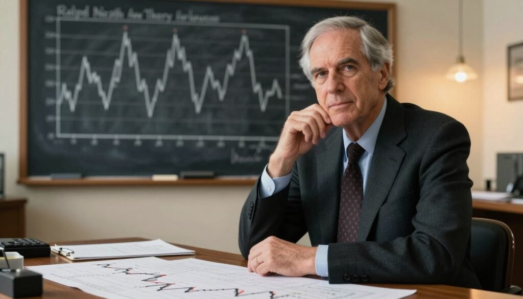 A distinguished portrait of Ralph Nelson Elliott, an older man with gray hair and a thoughtful expression, wearing professional business attire. He is seated at a wooden desk cluttered with financial charts and graphs that illustrate the Elliott Wave Theory. In the foreground, focus on his hands resting on the desk, emphasizing the intricacies of his work. The middle background features a large chalkboard displaying wave patterns and market trends, signifying his contributions to financial analysis. The background consists of a well-lit room with warm lighting, casting a soft glow that enhances the reflective atmosphere of intellectual pursuit. The angle captures Elliott in a three-quarter view, with a slightly elevated perspective to emphasize his authority and wisdom in the subject matter. The overall mood conveys dedication, intellect, and a passion for financial theories.