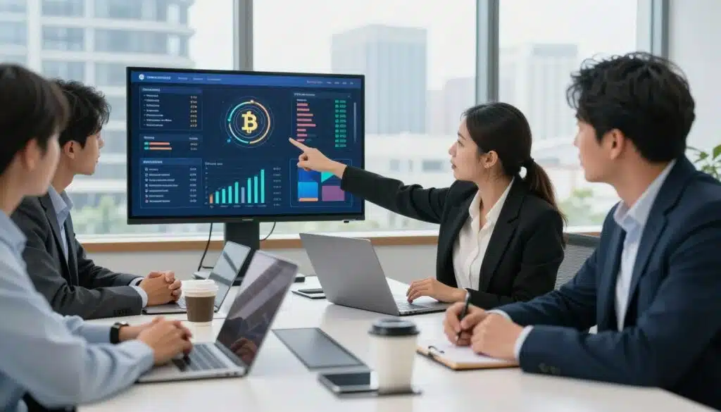 A diverse group of professional individuals gathered around a sleek, modern conference table, intensely discussing a digital product on a high-definition screen displaying cryptocurrency analytics and charts. In the foreground, a confident woman in business attire passionately points at the screen, emphasizing user cases and real utility, while a man next to her takes notes. The middle ground features open laptops and a cup of coffee, suggesting an engaging brainstorming session. In the background, large windows show a bright city skyline, symbolizing innovation and growth. Soft, natural lighting illuminates the room, creating an atmosphere of collaboration and focus, with a shallow depth of field to highlight the participants. The overall mood is dynamic and forward-thinking.