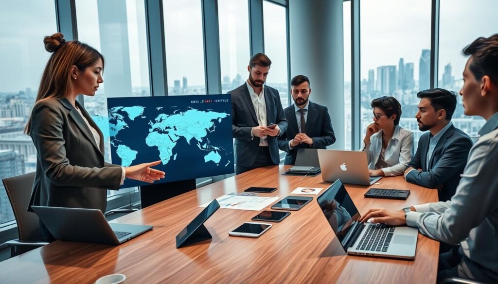 A diverse group of professionals engaged in a discussion about cryptocurrency adoption around a modern conference table. In the foreground, a businesswoman in a smart blazer points at a digital projection of a world map, highlighting countries with varying cryptocurrency adoption rates. Beside her, a businessman in a tailored suit takes notes on a tablet, while a tech-savvy individual in smart casual attire analyzes data on a laptop. The middle ground features sleek, high-tech devices and financial graphs, contributing to a dynamic atmosphere. In the background, large windows provide abundant natural light, with a city skyline visible, symbolizing global connectivity. The overall mood is one of collaboration and innovation, emphasizing the excitement of adapting to new financial technologies.