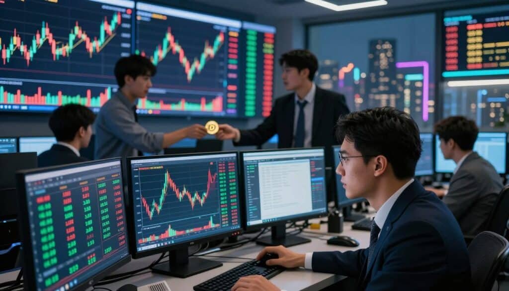 A dramatic depiction of a cryptocurrency exchange screen displaying fluctuating charts and vibrant candlestick patterns, signifying the volatile nature of pump-and-dump schemes. In the foreground, a professional figure in business attire nervously glances at multiple screens filled with green and red numbers, symbolizing rapid price changes. In the middle, chaotic activity with traders exchanging tokens, tension evident in their expressions. The background reveals a digital cityscape at dusk, with neon lights representing various cryptocurrencies. The atmosphere is tense and frenetic but illuminated by the soft glow of computer screens, capturing the essence of market manipulation. Use a cinematic angle to highlight the rush of the trading environment.