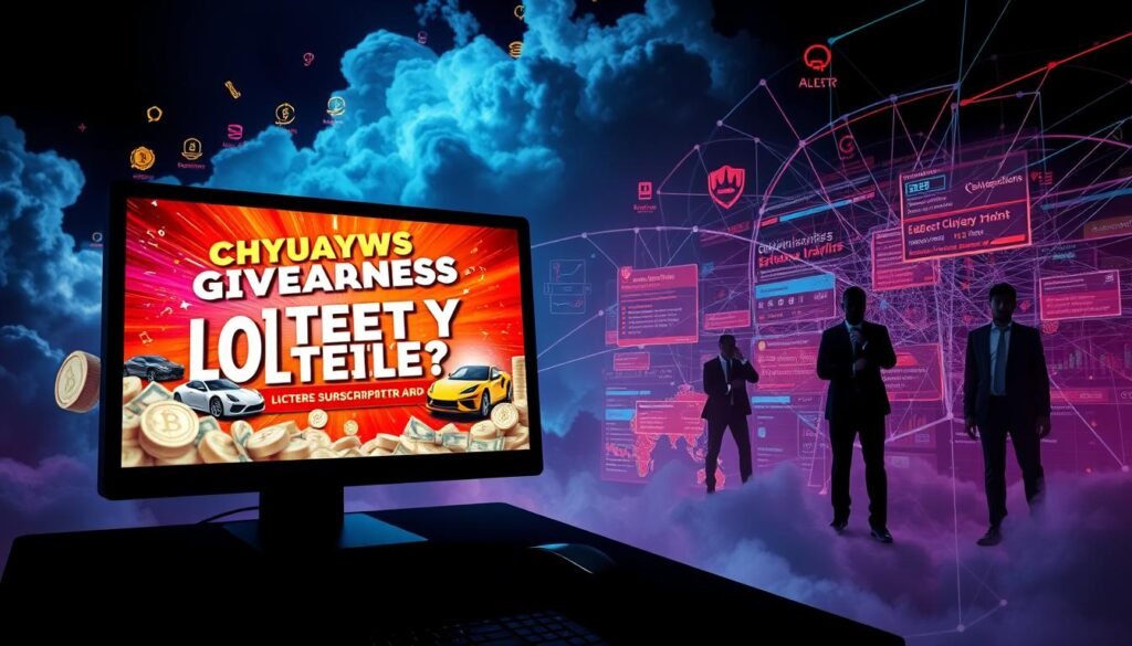 A dramatic depiction of a digital landscape representing "giveaways, lotteries, and subscription traps" related to crypto scams. In the foreground, a computer screen displays a flashy, colorful banner with enticing images of imaginary prizes like luxury cars and cash, surrounded by swirling clouds of digital currency symbols, hinting at deception. The middle ground features shadowy figures in professional attire, engaged in secretive activities, their faces obscured by shadows. In the background, a chaotic web of distorted cryptocurrency charts and scam alerts are subtly integrated into the environment, illustrating the chaotic nature of scams. The lighting is dim with neon glows highlighting the foreground elements, creating a moody and suspicious atmosphere, with a slight tilt-angle perspective to evoke tension and unease.