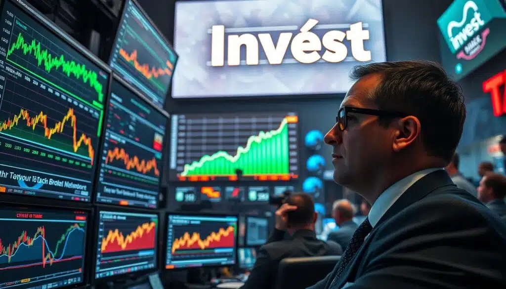 A dramatic scene depicting a cryptocurrency trading environment focused on a pump and dump scheme. In the foreground, a well-dressed businessperson, representing a stock trader, intently monitors multiple screens displaying fluctuating cryptocurrency graphs and charts. The middle layer features vibrant, ascending price trends highlighted in neon colors, symbolizing a sudden surge, interspersed with anxious expressions of other traders. In the background, a large digital billboard flashes the word "Invest" in bold letters, surrounded by a chaotic atmosphere of excitement and tension, emphasizing the volatility of the market. Soft, focused lighting enhances the urgency of the moment, while a slight tilt in perspective captures a dynamic, immersive view of this high-stakes scenario. The overall mood is intense and cautionary, reflecting the risks associated with cryptocurrency investments.