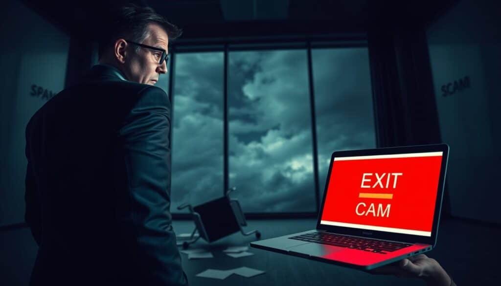 A dramatic scene illustrating the concept of an "exit scam." In the foreground, a worried businessperson in professional attire, nervously glancing over their shoulder, holding a laptop with the screen displaying a red warning sign. The middle ground features a dimly lit conference room with an overturned chair and scattered documents, hinting at sudden chaos. In the background, a large window reveals a stormy sky, symbolizing uncertainty and danger. The lighting is moody, with shadows casting an ominous feel. A low angle captures the tension, emphasizing the looming threat of fraud. Overall, the atmosphere is tense and foreboding, perfectly conveying the unsettling nature of exit scams. A dramatic scene illustrating the concept of an "exit scam." In the foreground, a worried businessperson in professional attire, nervously glancing over their shoulder, holding a laptop with the screen displaying a red warning sign. The middle ground features a dimly lit conference room with an overturned chair and scattered documents, hinting at sudden chaos. In the background, a large window reveals a stormy sky, symbolizing uncertainty and danger. The lighting is moody, with shadows casting an ominous feel. A low angle captures the tension, emphasizing the looming threat of fraud. Overall, the atmosphere is tense and foreboding, perfectly conveying the unsettling nature of exit scams.
