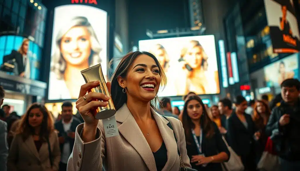 A dramatic scene illustrating the concept of fake celebrity endorsements, set in a bustling urban environment. In the foreground, a well-dressed woman enthusiastically holds a product, a glamorous yet suspicious beauty cream, with a fake celebrity endorsement tag visibly attached. The middle ground features a group of intrigued consumers, looking on with a mixture of admiration and skepticism. In the background, a glowing billboard promoting the beauty cream, adorned with images of a smiling celebrity, casts bright lighting that creates vivid contrasts. The scene captures the vibrancy of modern advertisement culture, with a slight haze to suggest the overwhelming influence of marketing. Use a shallow depth of field to emphasize the woman in the foreground, while softly blurring the background, evoking a sense of intrigue and manipulation in consumer behavior.