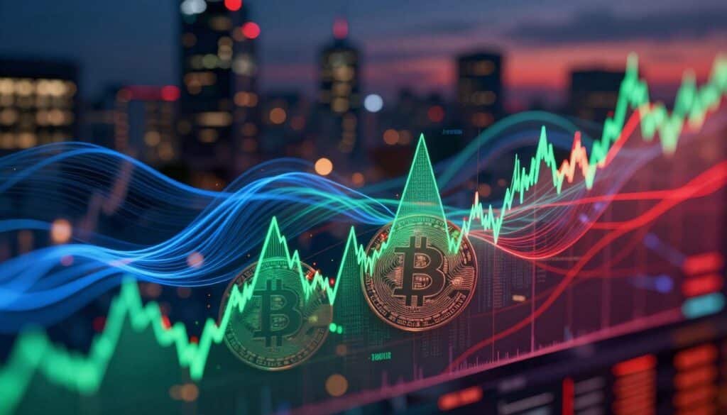 A dynamic, abstract representation of market volatility in cryptocurrency trading. In the foreground, a stylized graph with sharp peaks and valleys depicting spikes in price, layered with digital currency symbols like Bitcoin and Ethereum. The middle ground features energetic waves of color—blues, greens, and reds—flowing in a chaotic yet rhythmic pattern to symbolize fluctuating market emotions. In the background, a blurred city skyline at dusk, with glowing lights representing the fast-paced financial environment. The lighting is dramatic, with high contrast to emphasize the volatility, creating a sense of urgency and tension. The mood is charged and intense, reflecting the excitement and risks traders face in the cryptocurrency market today.