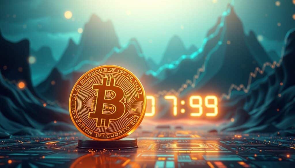 A dynamic and visually rich illustration of a "Bitcoin halving" event, set in a futuristic digital landscape. In the foreground, a large, golden Bitcoin symbol is prominently featured, surrounded by a glowing aura to signify its importance. The middle ground showcases a digital clock counting down to the next halving, with intricate blockchain patterns swirling around it. In the background, abstract graphs and charts representing cryptocurrency market trends rise against a backdrop of dark blue and teal hues, conveying a sense of technology and innovation. The scene is illuminated with soft, ethereal lighting that casts a warm glow, creating a hopeful and anticipatory mood. A sense of depth is achieved through a slightly angled viewpoint, capturing the layered complexity of the cryptocurrency world. No text or branding is included, ensuring a clean and professional finish.