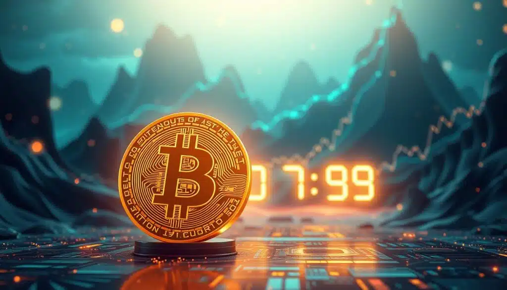 A dynamic and visually rich illustration of a "Bitcoin halving" event, set in a futuristic digital landscape. In the foreground, a large, golden Bitcoin symbol is prominently featured, surrounded by a glowing aura to signify its importance. The middle ground showcases a digital clock counting down to the next halving, with intricate blockchain patterns swirling around it. In the background, abstract graphs and charts representing cryptocurrency market trends rise against a backdrop of dark blue and teal hues, conveying a sense of technology and innovation. The scene is illuminated with soft, ethereal lighting that casts a warm glow, creating a hopeful and anticipatory mood. A sense of depth is achieved through a slightly angled viewpoint, capturing the layered complexity of the cryptocurrency world. No text or branding is included, ensuring a clean and professional finish.