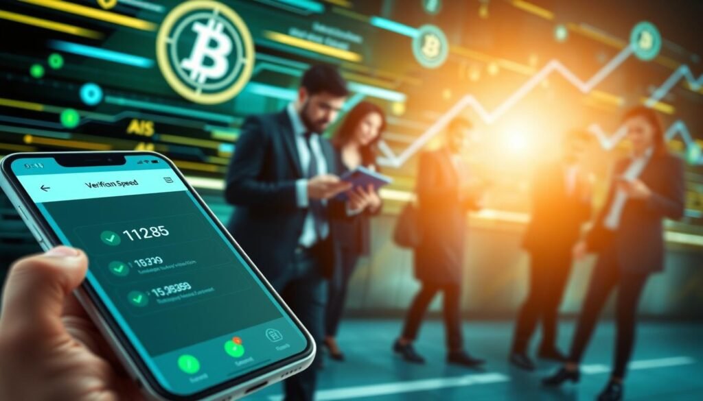 A dynamic and visually striking depiction of "verification speed" in the context of cryptocurrency mobile apps. In the foreground, a sleek smartphone displays a digital interface with rapid transaction confirmations and green checkmarks symbolizing speed. In the middle ground, blurred figures of professionals in business attire are engaging with their devices, emphasizing a fast-paced environment. The background features abstract digital elements like blockchain symbols and speedy data streams flowing to represent connectivity and technology. The scene is well-lit, suggesting brisk energy, with a focus on vibrant blues and greens to reflect innovation. The angle is slightly tilted for a sense of movement, creating an atmosphere of urgency and efficiency, illustrating the importance of verification speed in cryptocurrency transactions.