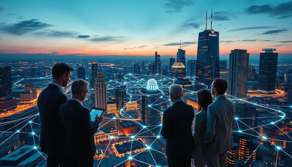 A dynamic cityscape at dusk, showcasing a network of interconnected nodes and pathways symbolizing decentralization in a blockchain environment. In the foreground, diverse professionals in business attire discuss strategies, their digital tablets glowing with data visuals. The middle ground features a swirling pattern of light representing the flow of transactions, connecting various buildings that symbolize security and scalability. The background is a skyline of modern skyscrapers with circuitry patterns illuminated, conveying innovation and technological advancement. Soft, ambient lighting enhances the mood, reflecting a sense of collaboration and a forward-thinking atmosphere. The angle captures an aerial view, emphasizing the vastness and complexity of the decentralized ecosystem.
