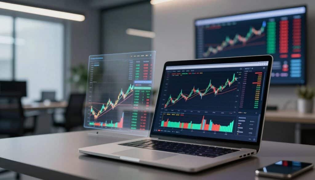 A dynamic crypto trading workspace showcasing the concept of “volume and volatility workflow.” In the foreground, display a high-tech laptop with an open trading platform interface showing colorful charts and candlestick patterns to represent trading volume and volatility indicators. In the middle ground, visualize transparent overlays of data graphs and analytics flowing alongside the laptop, illustrating live data with green and red indicators signifying market movements. The background features a modern office setting with sleek design elements, a large screen displaying real-time cryptocurrency prices, and soft ambient lighting creating a focused yet energizing atmosphere. The scene conveys professionalism and technological sophistication, aimed at traders seeking insights into market dynamics. A dynamic crypto trading workspace showcasing the concept of “volume and volatility workflow.” In the foreground, display a high-tech laptop with an open trading platform interface showing colorful charts and candlestick patterns to represent trading volume and volatility indicators. In the middle ground, visualize transparent overlays of data graphs and analytics flowing alongside the laptop, illustrating live data with green and red indicators signifying market movements. The background features a modern office setting with sleek design elements, a large screen displaying real-time cryptocurrency prices, and soft ambient lighting creating a focused yet energizing atmosphere. The scene conveys professionalism and technological sophistication, aimed at traders seeking insights into market dynamics.