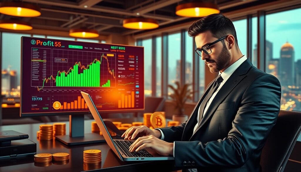 A dynamic digital artwork illustrating the concept of "profits" in cryptocurrency trading. In the foreground, a confident trader in professional business attire analyzes vibrant, upward-trending cryptocurrency graphs on a sleek laptop, showcasing glowing green bars to symbolize profit. The middle ground features a digital screen displaying fluctuating charts and market analytics, surrounded by stacks of gold coins and various cryptocurrency symbols like Bitcoin and Ethereum. The background shows a modern office with large windows and city lights, reflecting a bustling financial district. Warm, inviting lighting enhances the atmosphere, with a focus on the excitement and tension of day trading. The overall mood conveys optimism and potential success amidst the inherent risks of trading.