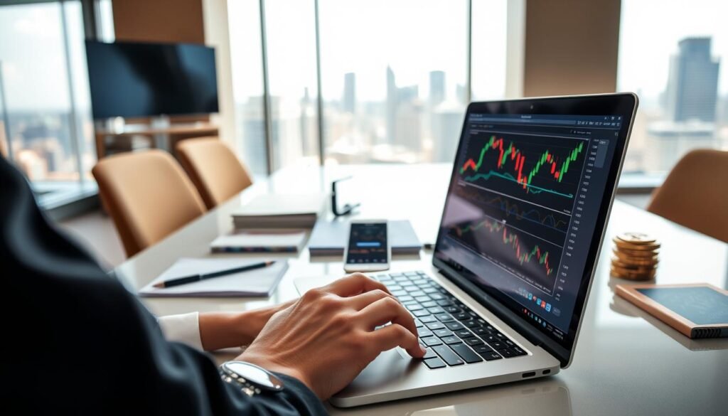 A dynamic digital workspace showcasing day trading time frames in cryptocurrency. In the foreground, a sleek laptop displays candlestick charts and real-time market analysis, with colorful price movements highlighted. A pair of professional hands, wearing business attire, is poised over the keyboard, engaging with the trading platform. The middle layer features a well-organized desk with notepads, trading indicators, and a smartphone showing market alerts, all arranged for optimal productivity. In the background, a modern office environment with large windows reveals a bright cityscape, symbolizing opportunity. The lighting is bright and focused, creating an energetic atmosphere. Capture the essence of concentration and strategy in day trading, emphasizing clarity, precision, and professionalism.