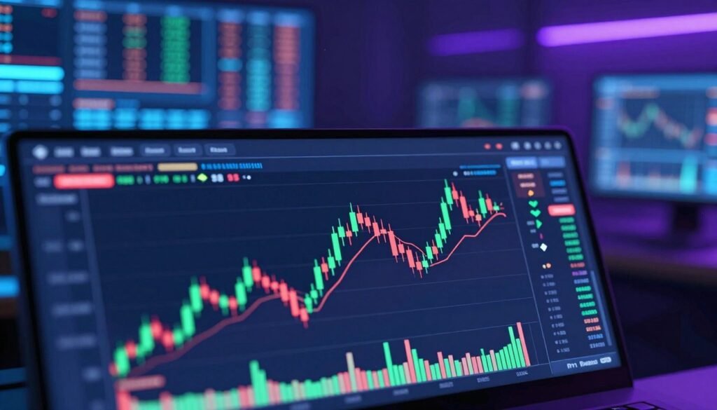 A dynamic illustration of price action in cryptocurrency trading, showcasing a sleek, modern trading interface. In the foreground, a candlestick chart displays vibrant green and red bars representing bullish and bearish trends, with clear, well-defined price action movements. The middle layer features a multitude of trading volume indicators, highlighted with soft neon colors, and arrows indicating upward and downward momentum. In the background, a blurred, high-tech trading environment with multiple screens filled with market data and graphs, illuminated by a cool blue and purple ambient glow. The atmosphere evokes a sense of urgency and excitement in the fast-paced world of crypto trading, captured from a slightly elevated angle to enhance depth. A dynamic illustration of price action in cryptocurrency trading, showcasing a sleek, modern trading interface. In the foreground, a candlestick chart displays vibrant green and red bars representing bullish and bearish trends, with clear, well-defined price action movements. The middle layer features a multitude of trading volume indicators, highlighted with soft neon colors, and arrows indicating upward and downward momentum. In the background, a blurred, high-tech trading environment with multiple screens filled with market data and graphs, illuminated by a cool blue and purple ambient glow. The atmosphere evokes a sense of urgency and excitement in the fast-paced world of crypto trading, captured from a slightly elevated angle to enhance depth.