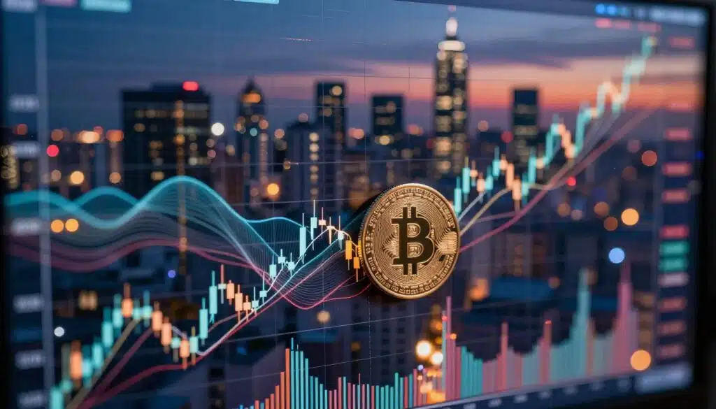 A dynamic, richly detailed representation of Bitcoin price movement over time. In the foreground, a sleek digital graph showing the Bitcoin price with candlestick charts displaying hourly fluctuations, each candle glowing subtly. The middle layer features abstract representations of market trends and seasonal patterns, symbolized by flowing lines and waves that suggest volatility. The background is a blurred city skyline at twilight, with vibrant lights resonating with the energy of the cryptocurrency market. Use dramatic contrast lighting to emphasize key elements, and capture the image from a slightly elevated angle to create depth. The overall mood is one of excitement and anticipation, reflecting the high-stakes nature of trading and the potential for profit during specific hours.