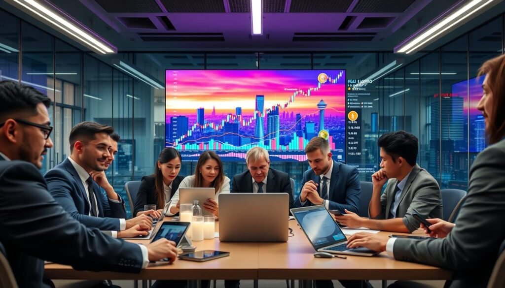 A dynamic scene capturing the essence of "altcoin season" in the cryptocurrency market. In the foreground, a diverse group of investors are gathered around high-tech laptops and digital tablets, analyzing charts and market trends, all dressed in professional business attire. The middle layer features a large screen displaying vibrant altcoin charts, with bullish upward trends and colorful coins symbolizing various low-cap cryptocurrencies. The background showcases a modern, sleek office setting with glass walls reflecting a skyline of a bustling city, symbolizing growth and opportunity. The atmosphere is energetic and optimistic, lit with bright fluorescent lighting to enhance focus and productivity, invoking a sense of excitement and opportunity in the financial landscape. The angle captures the investors' engaged expressions, illustrating their dedication to finding the next altcoin breakthrough. A dynamic scene capturing the essence of "altcoin season" in the cryptocurrency market. In the foreground, a diverse group of investors are gathered around high-tech laptops and digital tablets, analyzing charts and market trends, all dressed in professional business attire. The middle layer features a large screen displaying vibrant altcoin charts, with bullish upward trends and colorful coins symbolizing various low-cap cryptocurrencies. The background showcases a modern, sleek office setting with glass walls reflecting a skyline of a bustling city, symbolizing growth and opportunity. The atmosphere is energetic and optimistic, lit with bright fluorescent lighting to enhance focus and productivity, invoking a sense of excitement and opportunity in the financial landscape. The angle captures the investors' engaged expressions, illustrating their dedication to finding the next altcoin breakthrough.