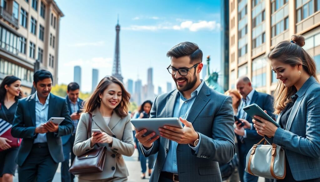 A dynamic scene illustrating global cryptocurrency adoption, showcasing a diverse group of professionals in business attire using various devices (tablets, laptops, smartphones) on a bustling urban street. In the foreground, a man and woman enthusiastically share data on a tablet, while other individuals around them are engaged in financial conversations. The middle ground features iconic landmarks from different countries (e.g., the Eiffel Tower, Statue of Liberty), subtly blending into the background filled with clear blue skies and cityscapes, symbolizing global reach. The lighting is bright and optimistic, suggesting innovation and progress. The scene conveys a sense of excitement and collaboration in the fast-evolving crypto market, capturing the essence of present-day global trends.