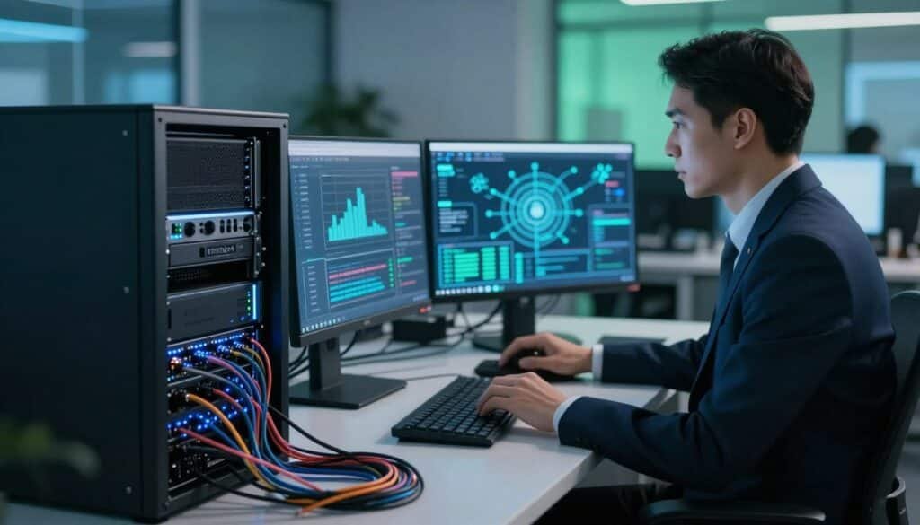 A dynamic scene showcasing a "running node" in the context of blockchain technology. In the foreground, a sleek computer server with blinking lights, wires neatly organized, displaying a digital interface showing data flow. In the middle ground, a professional in business attire is attentively monitoring multiple screens filled with blockchain metrics and network connections. The background features a modern office with soft blue and green ambient lighting, emphasizing a tech-savvy atmosphere. The angle is slightly elevated, capturing the intricate details of the setup. The mood is focused and innovative, reflecting the importance of selecting the right blockchain and network for optimal node performance and management.