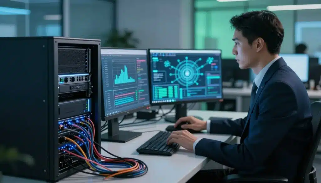 A dynamic scene showcasing a "running node" in the context of blockchain technology. In the foreground, a sleek computer server with blinking lights, wires neatly organized, displaying a digital interface showing data flow. In the middle ground, a professional in business attire is attentively monitoring multiple screens filled with blockchain metrics and network connections. The background features a modern office with soft blue and green ambient lighting, emphasizing a tech-savvy atmosphere. The angle is slightly elevated, capturing the intricate details of the setup. The mood is focused and innovative, reflecting the importance of selecting the right blockchain and network for optimal node performance and management. A dynamic scene showcasing a "running node" in the context of blockchain technology. In the foreground, a sleek computer server with blinking lights, wires neatly organized, displaying a digital interface showing data flow. In the middle ground, a professional in business attire is attentively monitoring multiple screens filled with blockchain metrics and network connections. The background features a modern office with soft blue and green ambient lighting, emphasizing a tech-savvy atmosphere. The angle is slightly elevated, capturing the intricate details of the setup. The mood is focused and innovative, reflecting the importance of selecting the right blockchain and network for optimal node performance and management.