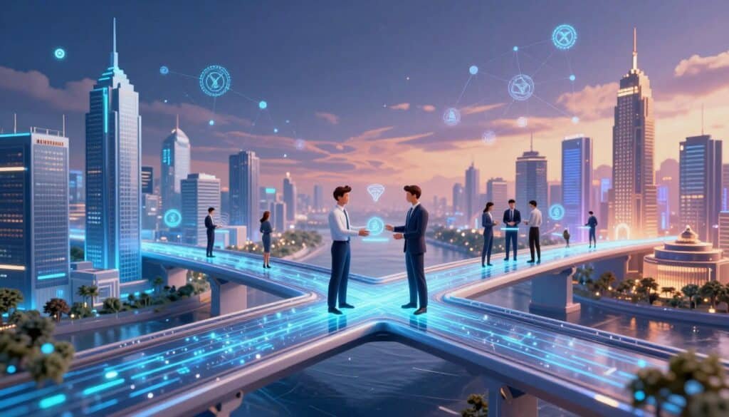 A dynamic visual representation of a cross-chain bridge in a futuristic digital landscape. In the foreground, a sleek, illuminated bridge made of glowing data streams connects two diverse blockchain cities, each with unique architectural styles symbolizing different blockchain networks. In the middle ground, digital avatars in professional attire are engaged in collaboration, exchanging tokens and information, symbolizing seamless interaction. The background features a vibrant, abstract sky filled with interconnected nodes and blockchain motifs, illuminated by soft, ethereal lighting that suggests innovation and connectivity. A panoramic view from a slightly elevated angle captures the grandeur of the bridge and the complexity of the networks, conveying a sense of progress and optimism in the Web3 ecosystem.