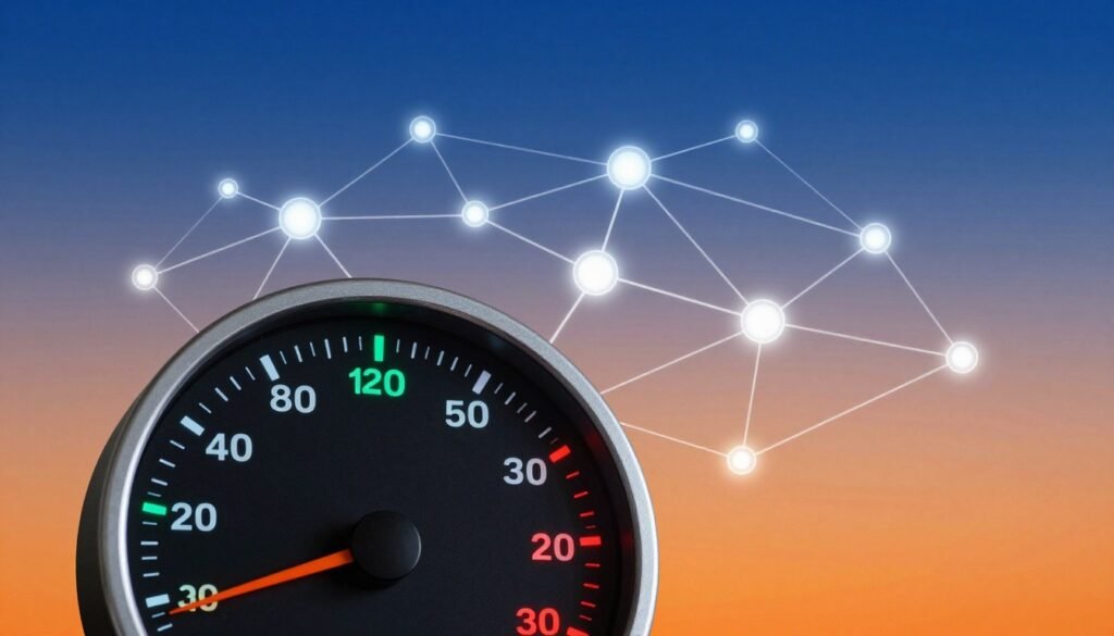 A dynamic visual representation of blockchain transaction speeds, showcasing a digital speedometer overlay on a network map of interconnected nodes. In the foreground, a sleek speedometer dial with vibrant, contrasting colors indicating different transaction speeds, from slow to fast. In the middle ground, a stylized network of blockchain nodes represented by glowing orbs connected by luminous lines, symbolizing various cryptocurrency networks. The background features a gradient sky transitioning from deep blue to bright orange, evoking a sense of innovation and technology. Soft, ambient lighting illuminates the scene from the bottom left, creating a professional and high-tech atmosphere. The composition should be well-balanced, highlighting the speedometer as the focal point while maintaining clarity of the network connections.
