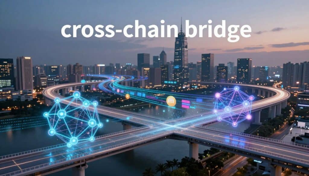 A dynamic visualization of a "cross-chain bridge" concept in a futuristic digital landscape. In the foreground, two distinct blockchain networks represented as vibrant, glowing nodes connected by a sleek, transparent bridge. The middle ground features swirling data streams composed of binary code and colorful graphics, illustrating the seamless transfer of information across the bridge. The background showcases a cybercity skyline with high-tech architecture under a dusk sky filled with soft, ambient lighting. Use a low angle perspective to emphasize the grandeur of the bridge, enhancing the sense of connectivity and progression. The overall mood should convey innovation and collaboration, with a cool color palette evoking a sense of advanced technology.