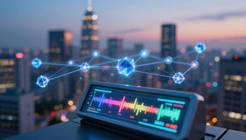 A dynamic visualization of blockchain transaction speeds, featuring a futuristic, high-tech interface. In the foreground, a sleek digital meter displays fluctuating transaction speed statistics in vibrant colors. The middle ground includes stylized representations of blockchain nodes interconnected by glowing lines, symbolizing rapid data flow. In the background, a blurred city skyline at twilight, illuminated with soft neon lights, creates a sense of progress and innovation. Soft, cool-toned lighting highlights the technological aspects, while a slight lens flare adds depth. The atmosphere is energetic and forward-looking, conveying the essence of speed and efficiency in blockchain networks. The composition is clean and professional, with no text or distractions in the image.