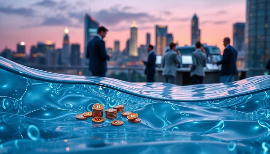 A dynamic visualization representing liquidity in the cryptocurrency market. In the foreground, crystal-clear water flows smoothly, symbolizing fluidity and ease of transactions. Small, colorful digital coins gently float on its surface, capturing the essence of various cryptocurrencies. In the middle ground, a bustling market scene with professional traders in business attire, engaged with sleek digital screens displaying market trends and analytics, demonstrating the importance of liquidity. The background features a city skyline at dusk, illuminated with twinkling lights, conveying a sense of opportunity and innovation. The scene is lit with a warm, inviting glow, creating an atmosphere of excitement and potential, with soft reflections on the water's surface emphasizing the flow of assets.