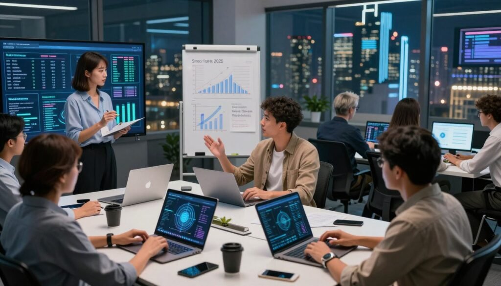 A dynamic workspace displaying various blockchain roles. In the foreground, a diverse group of professionals in smart casual outfits collaborate around a modern table, showcasing laptops and digital devices. On the left, a woman analyzes blockchain data on a large screen, while a man gestures enthusiastically about smart contracts. In the middle, a whiteboard filled with charts and graphs represents the latest blockchain trends and skills needed in 2026. In the background, a futuristic city skyline is visible through large windows, with digital billboards illuminating the scene. Soft, ambient lighting sets a focused, innovative atmosphere, and the image is captured from a slightly elevated angle to give a panoramic view of this thriving blockchain workspace.