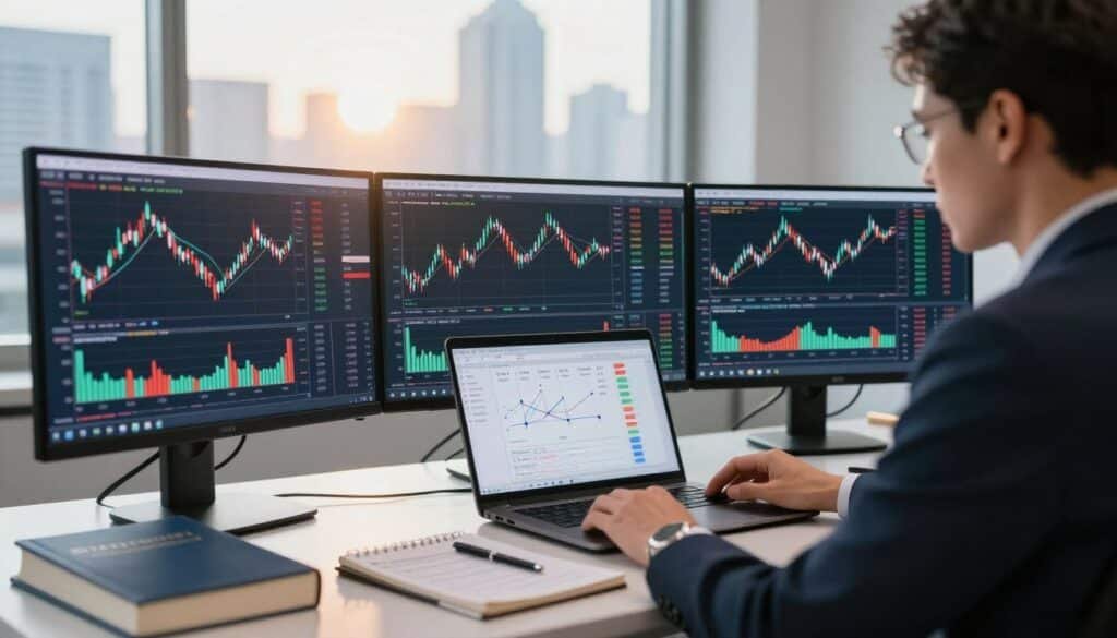 A focused trading desk scene depicting a modern and sophisticated workspace. In the foreground, a professional trader in business attire is intently analyzing multiple screens displaying candlestick charts, cryptocurrency graphs, and data analytics. The middle layer features a sleek laptop with a clear strategy diagram showing entry, exit points, and risk management indicators, alongside financial books and a notepad filled with strategy notes. In the background, a large window reveals a bustling city skyline, enhanced by warm morning light illuminating the room, creating a sense of clarity and purpose. The overall atmosphere is focused and dynamic, capturing the essence of effective trading strategy formulation.