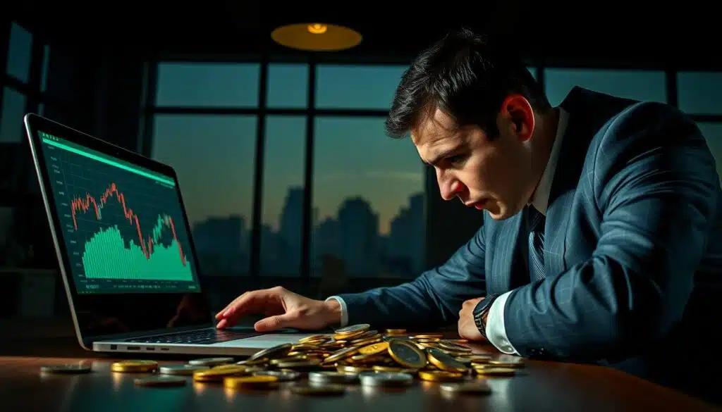 A foreboding, visually engaging scene illustrating the warning against cryptocurrency pump and dump schemes. In the foreground, a distressed business professional in a crisp, tailored suit, staring at a falling graph on a laptop screen, reflecting panic and concern. Their hands are gripping the edges of the desk, emphasizing urgency. In the middle, a chaotic arrangement of coins and digital currency symbols scattered around, representing volatility. In the background, a dimly lit office environment with large windows casting long shadows, hinting at the dusk outside. The lighting is dramatic, with sharp contrasts between light and dark, creating a tense atmosphere. The overall mood should evoke caution and awareness, highlighting the importance of recognizing the red flags of market manipulation.